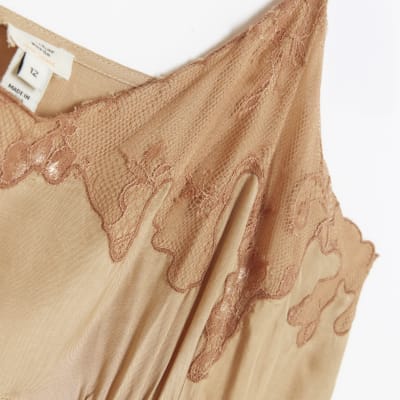 Beige lace slip midi dress River Island