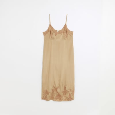 Beige lace slip midi dress River Island