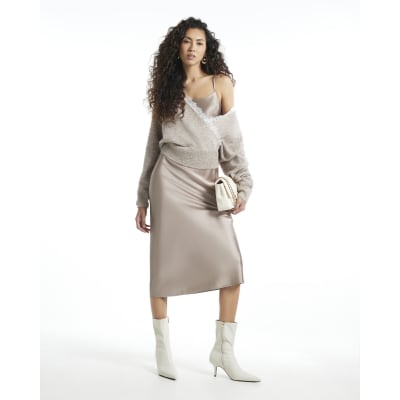 Beige Lace Trim Cardigan 2 In 1 Midi Dress