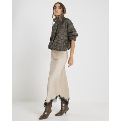 Beige Lace Trim Satin Midi Skirt