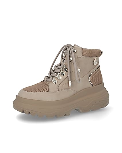 360 degree animation of product Beige lace up hiker ankle boots frame-1