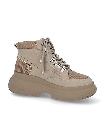 360 degree animation of product Beige lace up hiker ankle boots frame-16