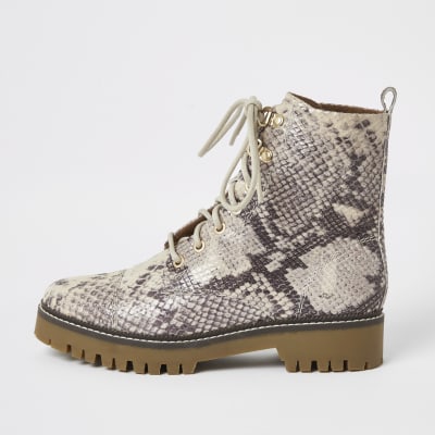 Beige leather snake print lace-up boots | River Island