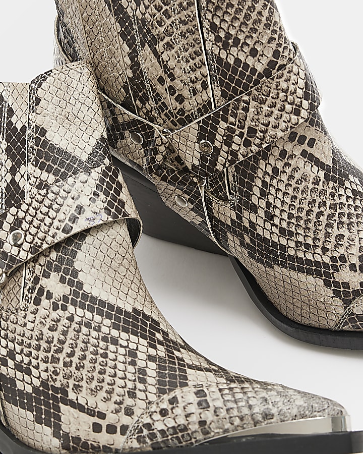 Beige leather snake print western boots