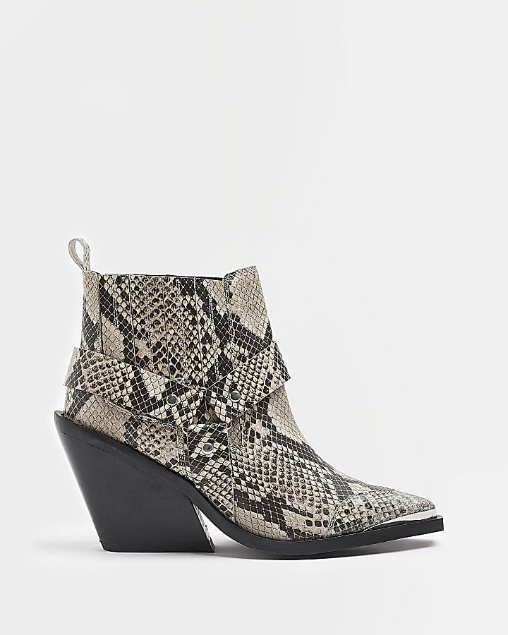 Beige leather snake print western boots
