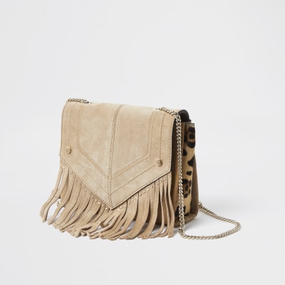 Beige Leather Stud Fringe Cross Body Bag River Island