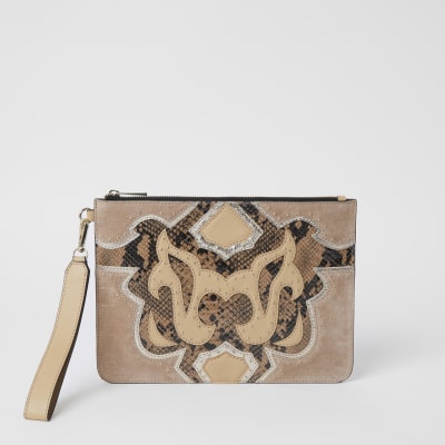 beige leather clutch bag