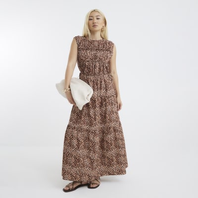 Beige Leopard Drawstring Tiered Maxi Dress