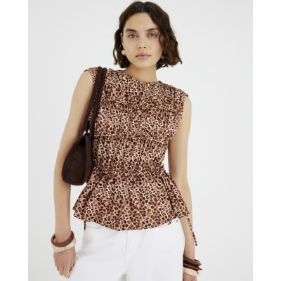 Beige Leopard Drawstring Tiered Peplum Top