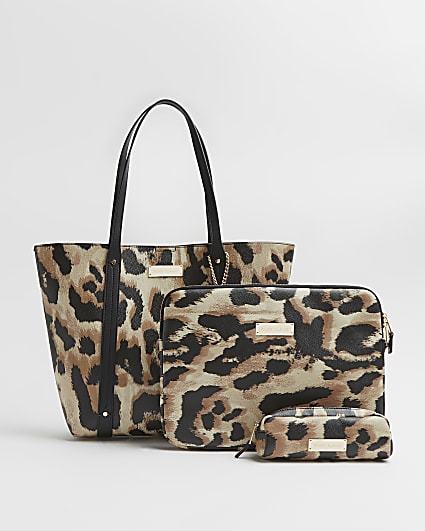 Beige leopard handbag and laptop case set