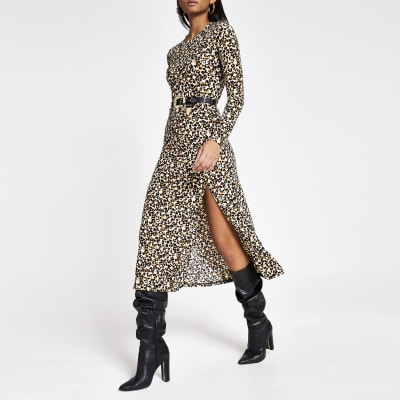 Beige leopard print A line midi dress 
