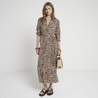 Beige leopard print belted midi shirt dress River Island