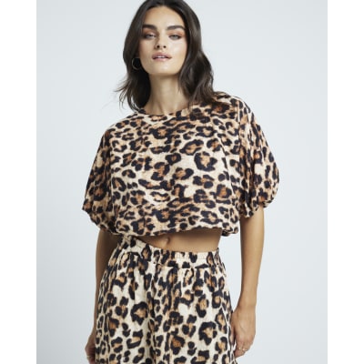 Beige Top with Leopard Sleeves and Pocket main image 1