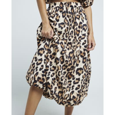 Beige Leopard Print Bubble Hem Midi Skirt River Island