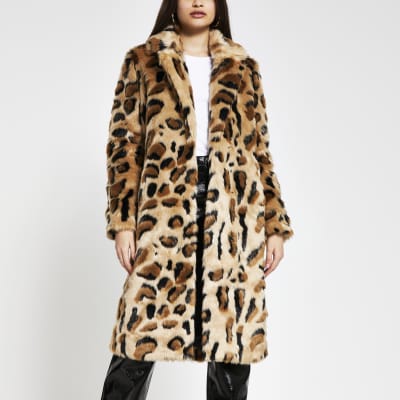 Beige leopard print faux fur coat | River Island