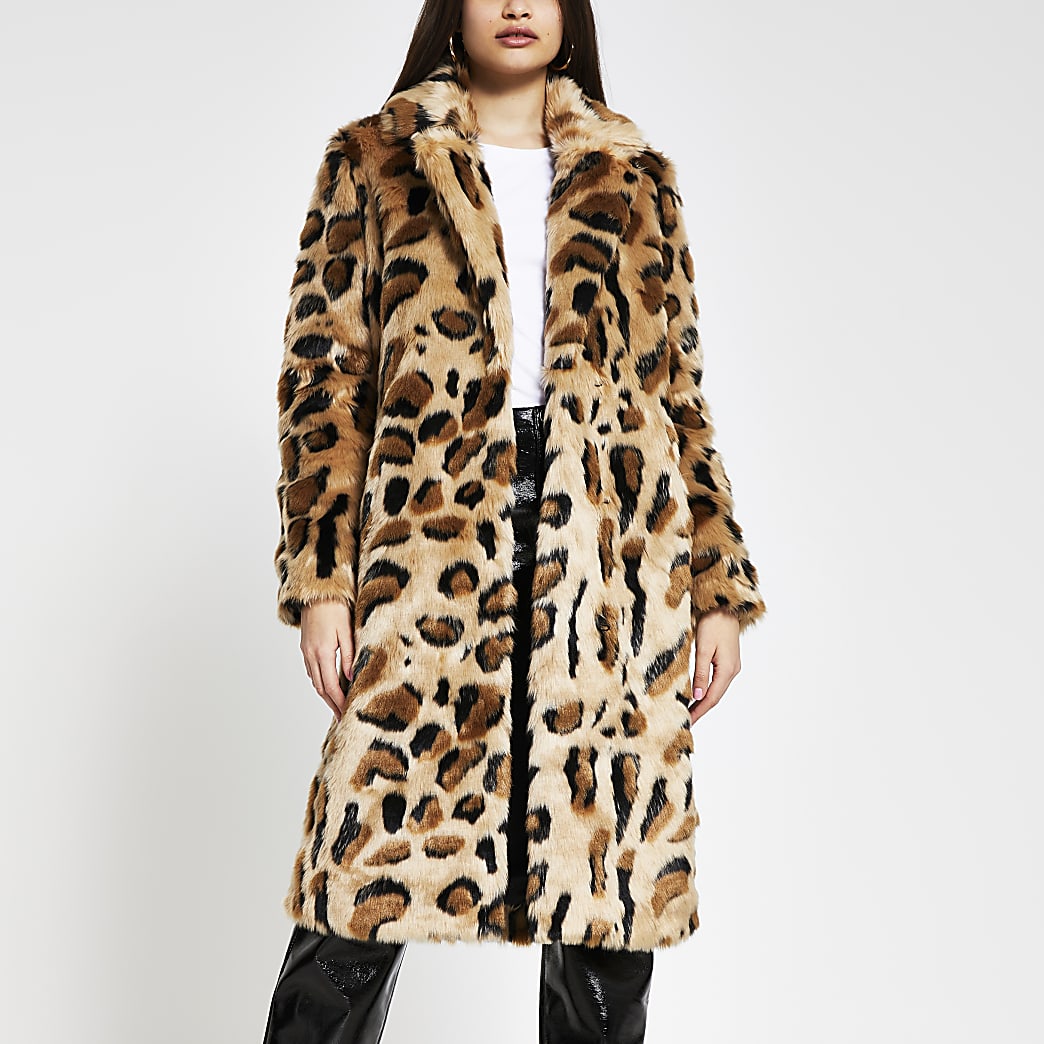 Beige leopard print faux fur coat | River Island