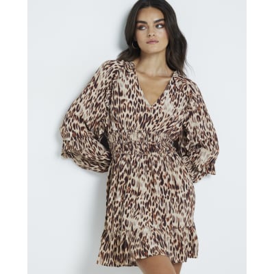 Beige leopard print frill swing mini dress