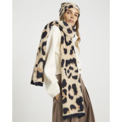 Beige Leopard Print Hat and Scarf Set