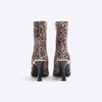 Beige leopard print heeled ankle boots