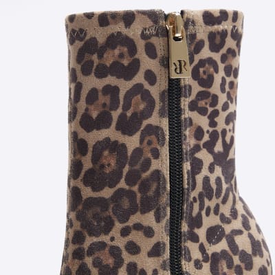 Beige leopard print heeled ankle boots River Island