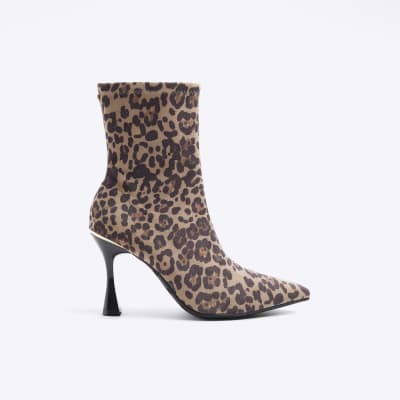 Beige leopard print heeled ankle boots | River Island