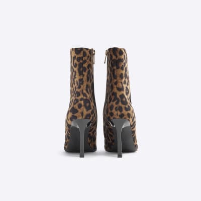Beige Leopard Print Heeled Ankle Boots | River Island