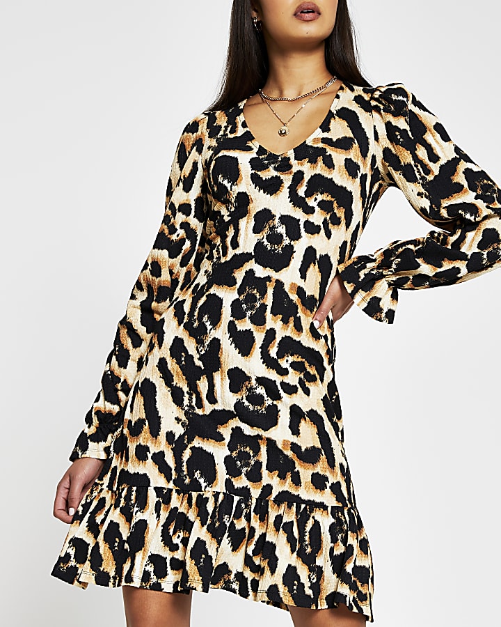 Beige leopard print Long Sleeve mini dress