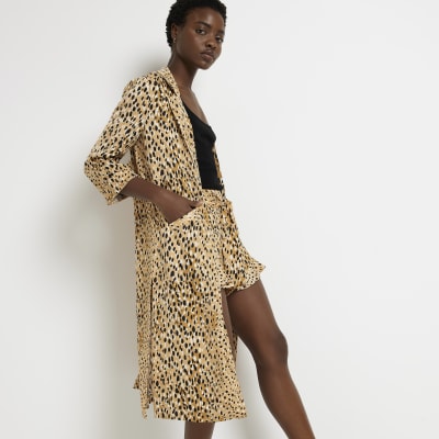 Beige leopard print longline blazer | River Island