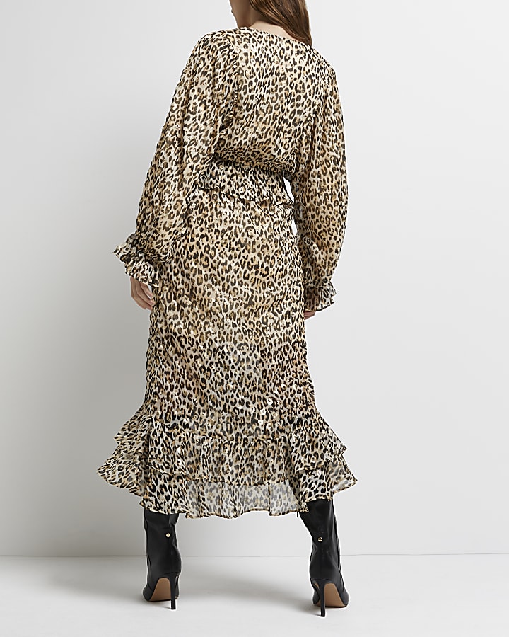 Beige leopard print maternity wrap maxi dress