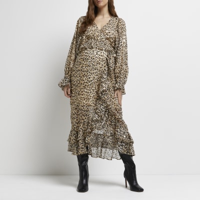 Beige leopard print maternity wrap maxi dress