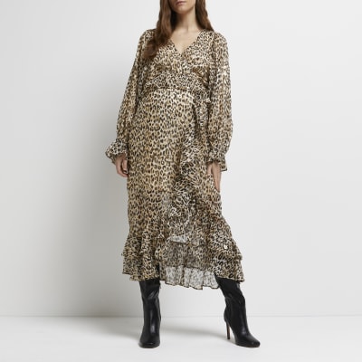 Beige leopard print maternity wrap maxi dress | River Island