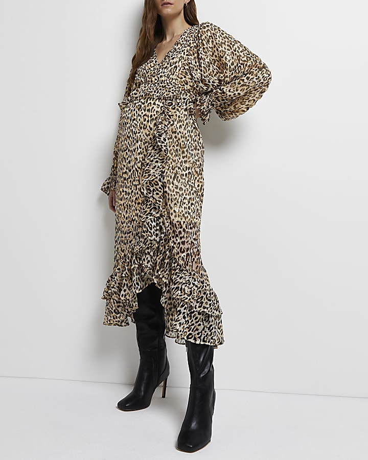 Beige leopard print maternity wrap maxi dress