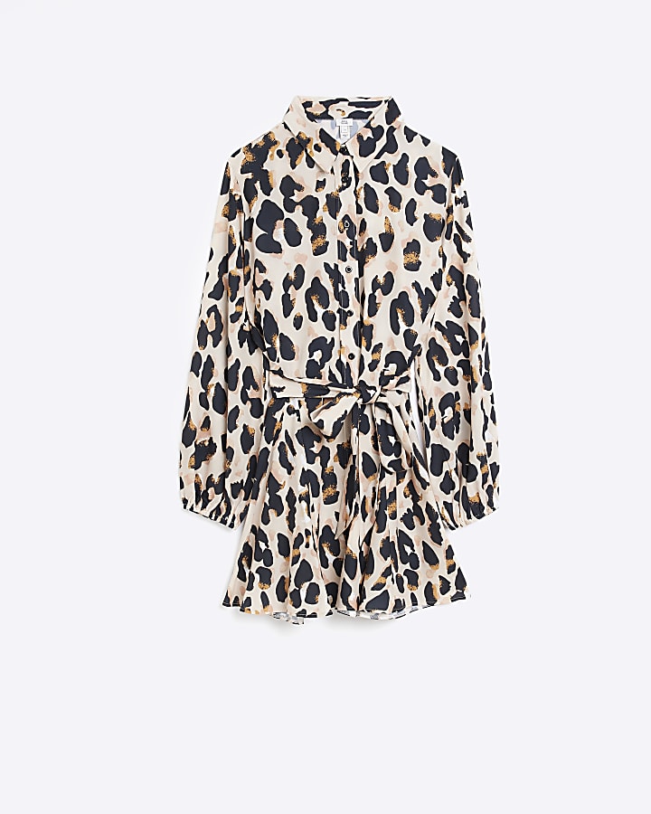 Beige leopard print mini shirt dress