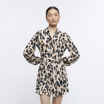 Beige leopard print mini shirt dress