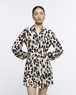 Beige leopard print mini shirt dress