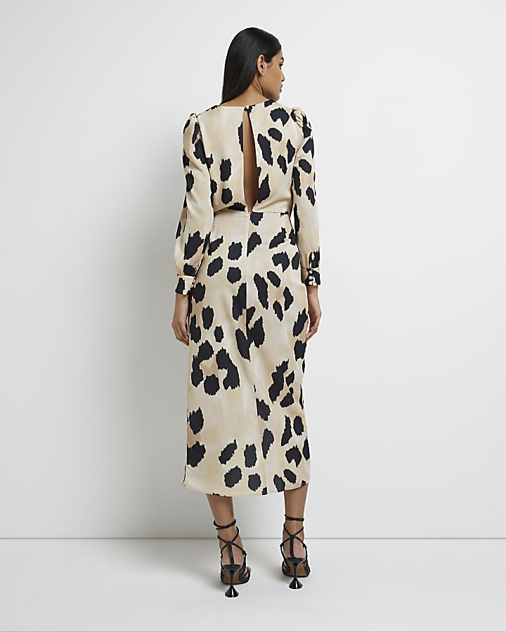 Beige leopard print satin wrap midi dress