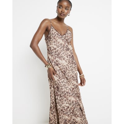 Beige leopard print sequin slip maxi dress River Island