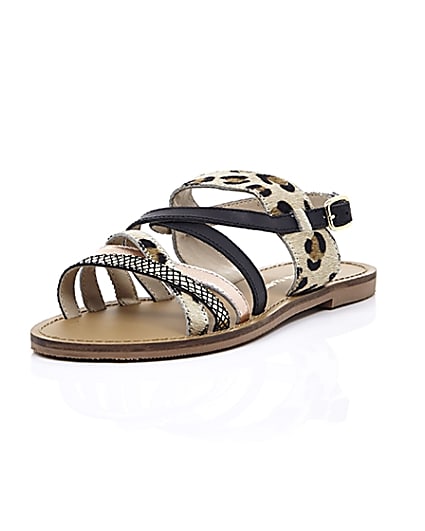 360 degree animation of product Beige leopard print strappy sandals frame-1