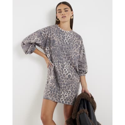 Beige Leopard Print Sweatshirt Mini Dress