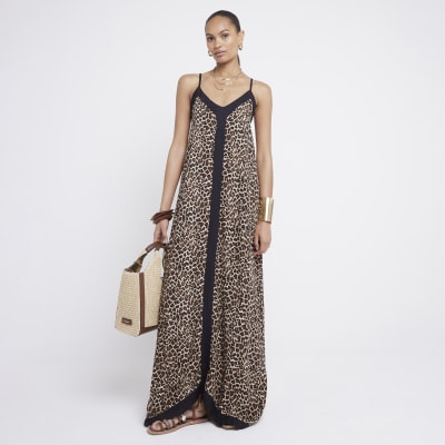 Beige Leopard Print Swing Maxi Dress