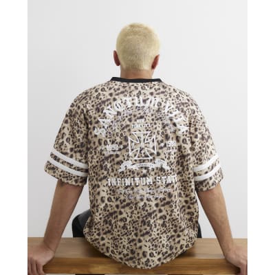 Beige Leopard Print V Neck Hockey T-Shirt