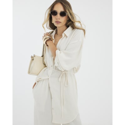 Beige Linen Blend Belted Longline Shirt