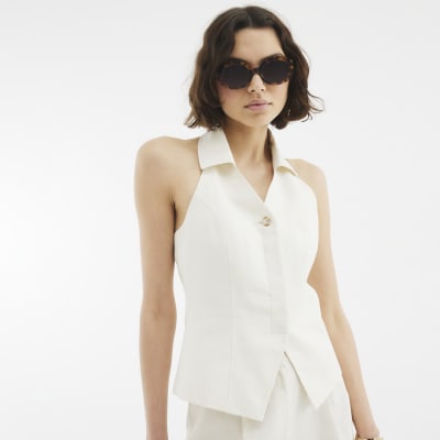 Beige Linen Blend Halter Neck Top