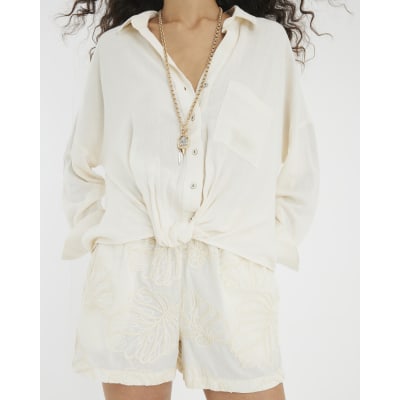 Beige Linen Blend Knot Front Shirt