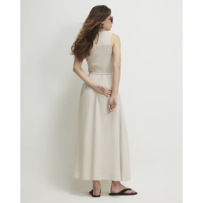 river island linen dress Beige Linen Blend Shirred Midi Dress