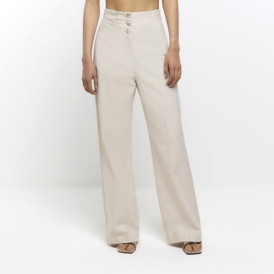 Beige linen wide leg trousers