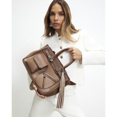 River Island Beige Lock Front Utility Pocket Tote Bag