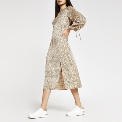 long sleeve animal print midi dress