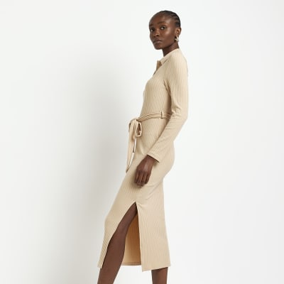 Beige long sleeve bodycon midi dress River Island