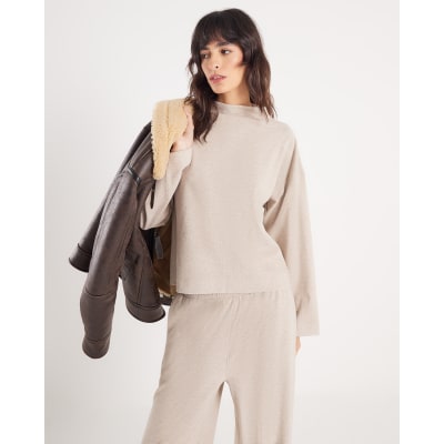 Beige Long Sleeve Brushed High Neck Top